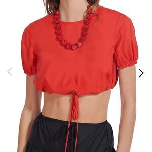 STAUD Red Cropped Drawstring Puff Sleeve Top